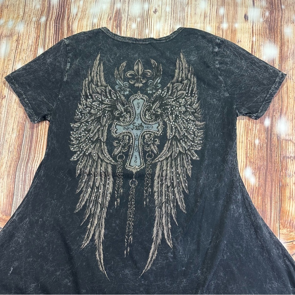 Y2K Grunge Rhinestone Cross Wings Tunic Top Acid Wash Short Sleeve Size Medium - Picture 14 of 15